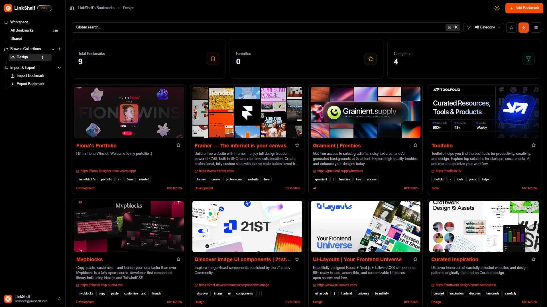 LinkShelf dashboard preview showing bookmark management interface in dark mode